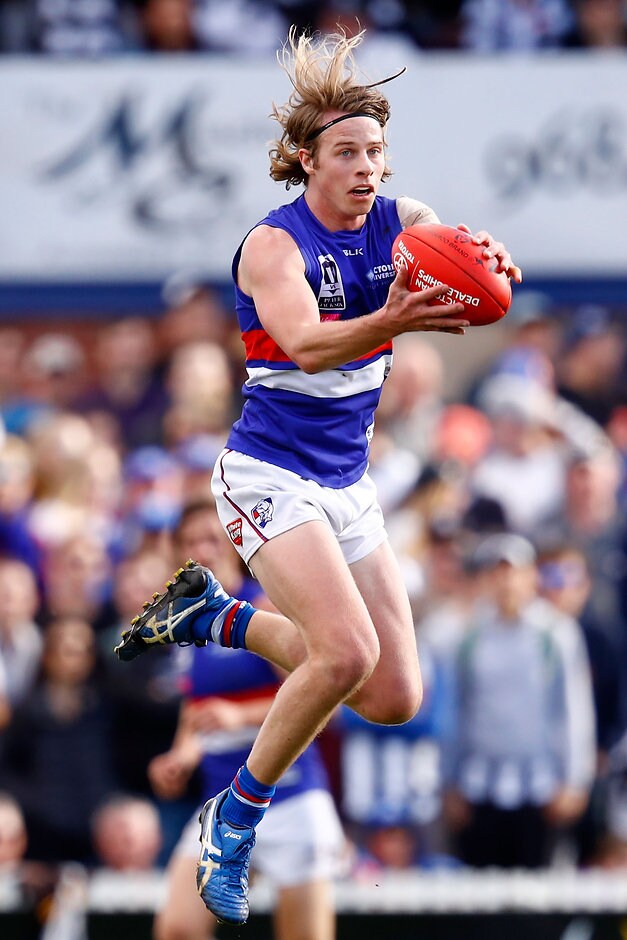 2016 VFL 2nd Preliminary Final - Collingwood v Footscray MELBOURNE, AUSTRALIA - SEPTEMBER 17: Mitch Hannan of the Bulldogs marks the ball during the VFL 2nd Preliminary Final match between Collingwood and Footscray Bulldogs at North Port Oval on September 17, 2016 in Melbourne, Australia. (Photo by Darrian Traynor/AFL Media)